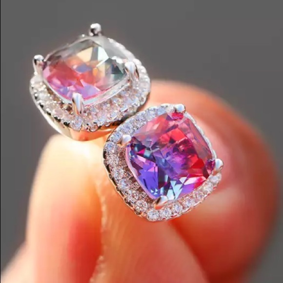 Blue Purple Rainbow Diamond Halo Stud Earrings - Picture 3 of 4